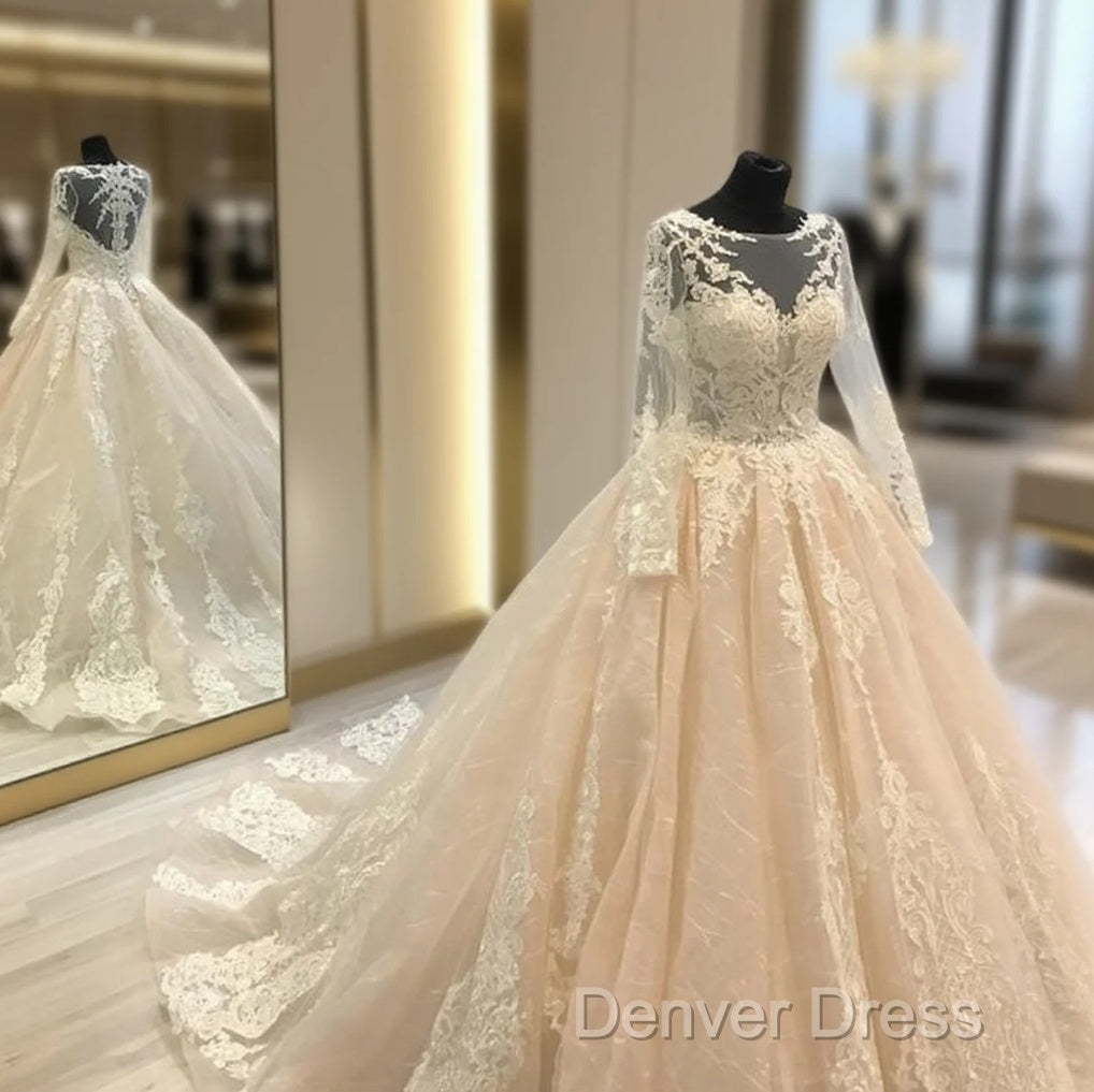 Vintage Scoop Neckline Long Sleeves Champagne Wedding Ball Gown Dresses Lace Appliques Main image