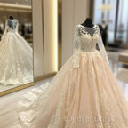 Vintage Scoop Neckline Long Sleeves Champagne Wedding Ball Gowns Dresses Lace Appliques
