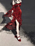 Vintage Sheath Irregular Ruffled Spaghetti Straps WomenS Burgundy Birthday Prom Dresses With Sleeves