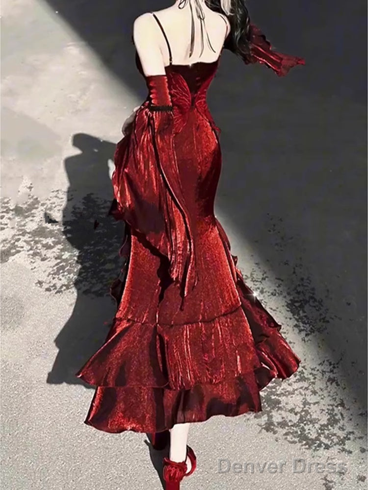 Vintage Sheath Irregular Ruffled Spaghetti Straps WomenS Burgundy Birthday Prom Dresses With Sleeves