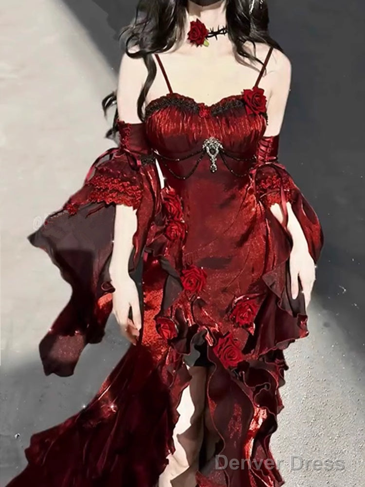 Vintage Sheath Irregular Ruffled Spaghetti Straps WomenS Burgundy Birthday Prom Dresses With Sleeves
