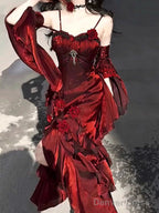 Vintage Sheath Irregular Ruffled Spaghetti Straps WomenS Burgundy Birthday Prom Dresses With Sleeves