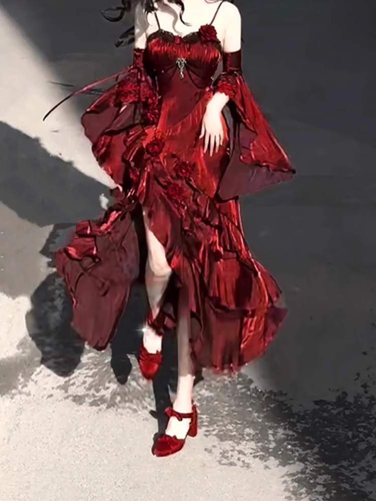 Vintage Sheath Irregular Ruffled Spaghetti Straps Women'S Burgundy Birthday Prom Dresses With Sleeves Main image