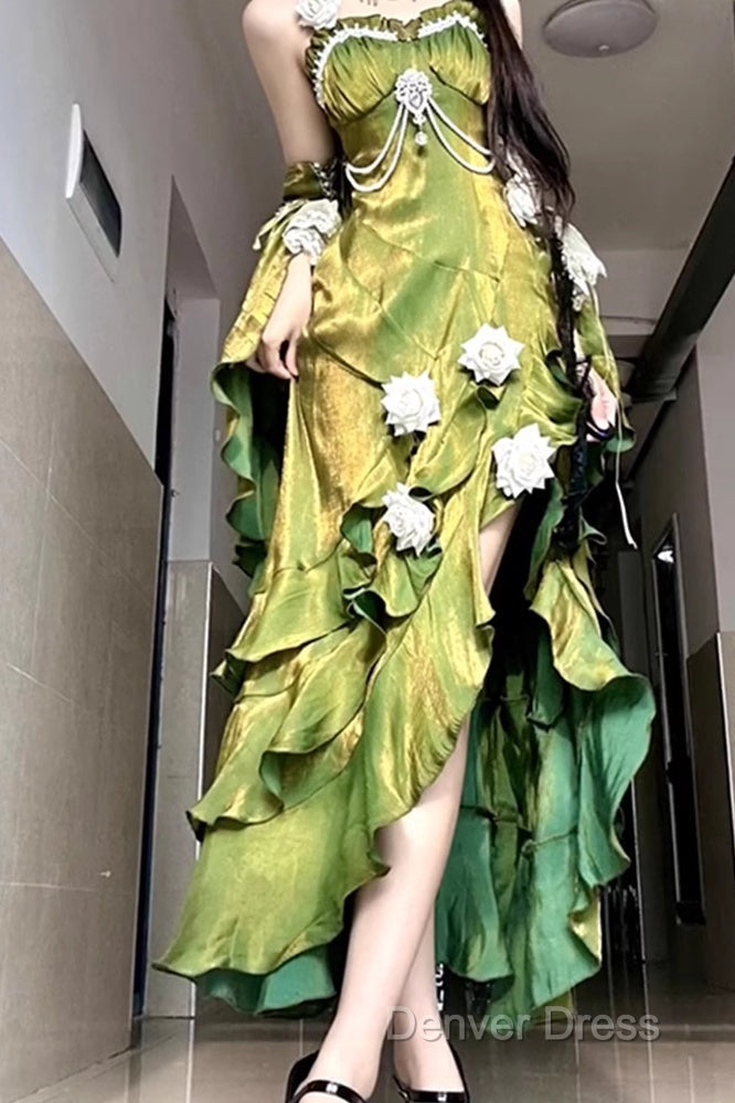 Vintage Sheath Irregular Ruffled Spaghetti Straps WomenS Green Birthday Prom Dresses Secondary image