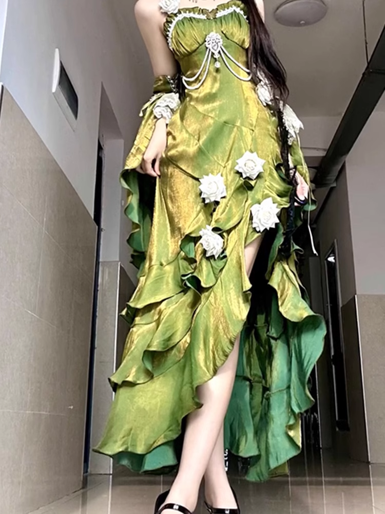 Vintage Sheath Irregular Ruffled Spaghetti Straps Women Green Birthday Prom Dresses Secondary image