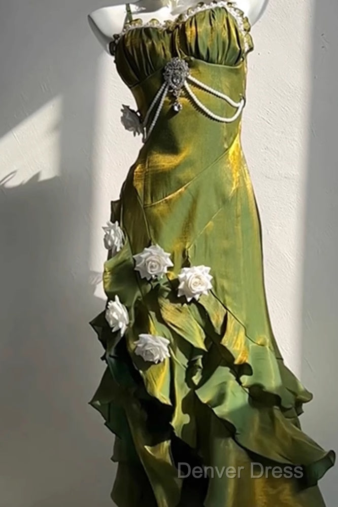 Vintage Sheath Irregular Ruffled Spaghetti Straps WomenS Green Birthday Prom Dresses
