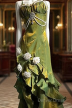 Vintage Sheath Irregular Ruffled Spaghetti Straps WomenS Green Birthday Prom Dresses