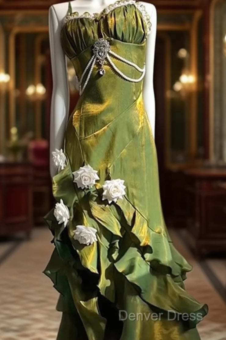 Vintage Sheath Irregular Ruffled Spaghetti Straps WomenS Green Birthday Prom Dresses