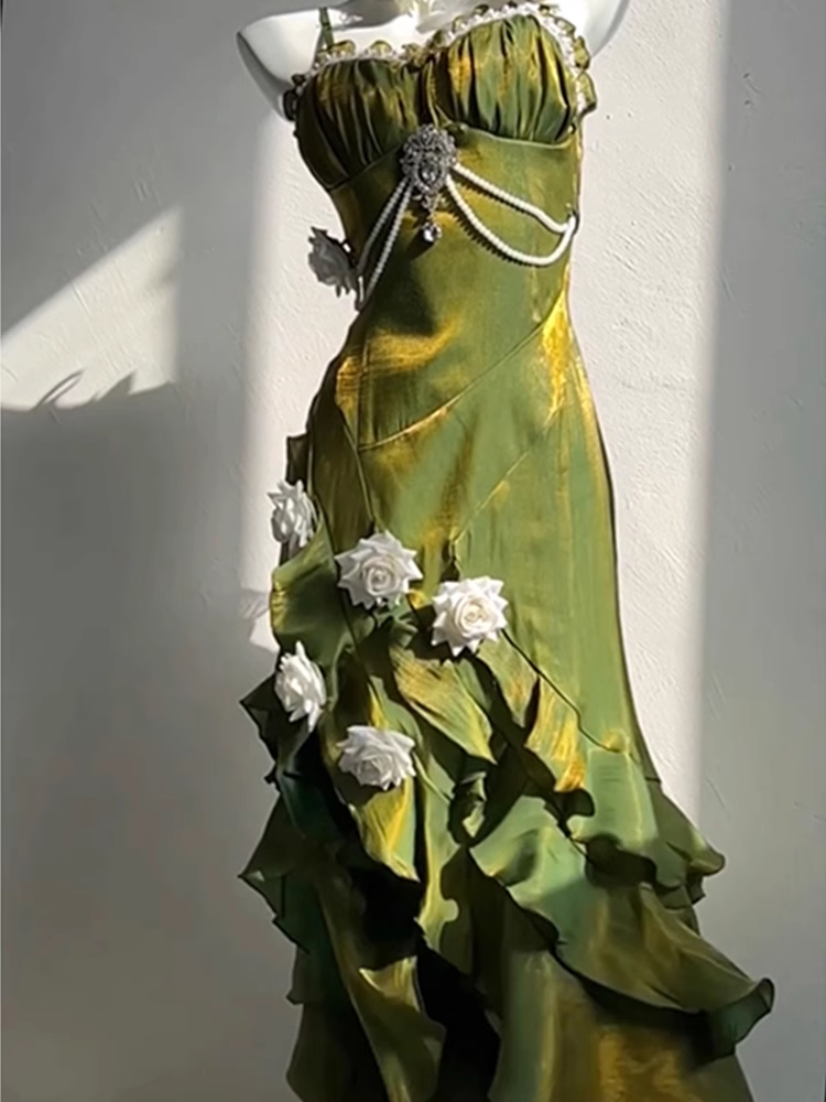 Vintage Sheath Irregular Ruffled Spaghetti Straps Women Green Birthday Prom Dresses Main image