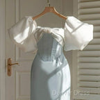 Vintage Sheath Light Sky Blue Satin Prom Dress
