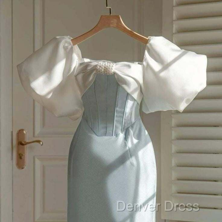 Vintage Sheath Light Sky Blue Satin Prom Dress