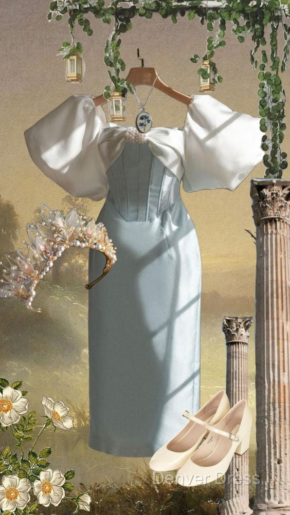 Vintage Sheath Light Sky Blue Satin Prom Dress