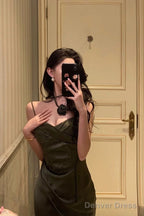 Vintage Sheath Spaghetti Straps Green Satin Long Prom Dresses Prom Gown