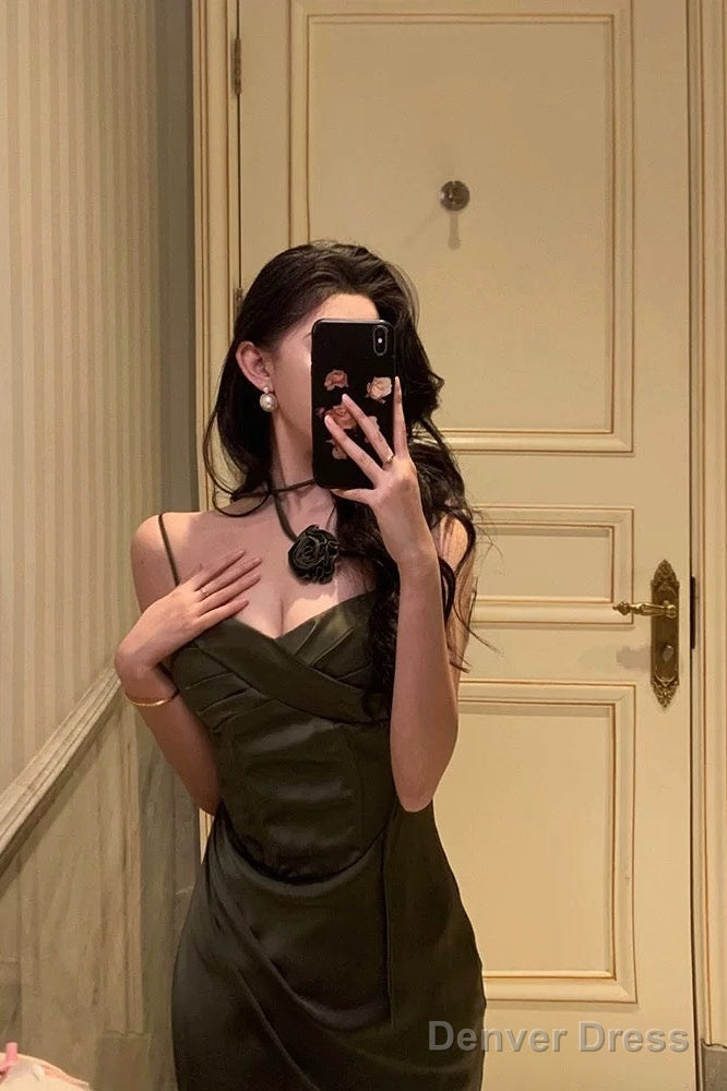 Vintage Sheath Spaghetti Straps Green Satin Long Prom Dresses Prom Gown