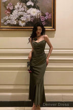 Vintage Sheath Spaghetti Straps Green Satin Long Prom Dresses Prom Gown
