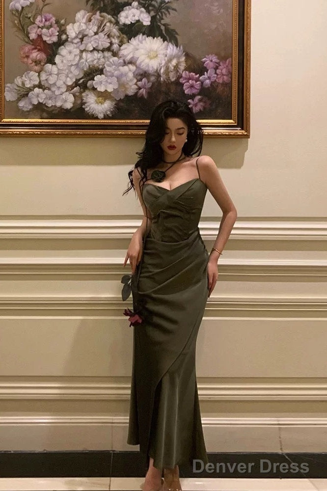 Vintage Sheath Spaghetti Straps Green Satin Long Prom Dresses Prom Gown