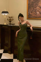 Vintage Sheath Spaghetti Straps Green Satin Long Prom Dresses Prom Gown