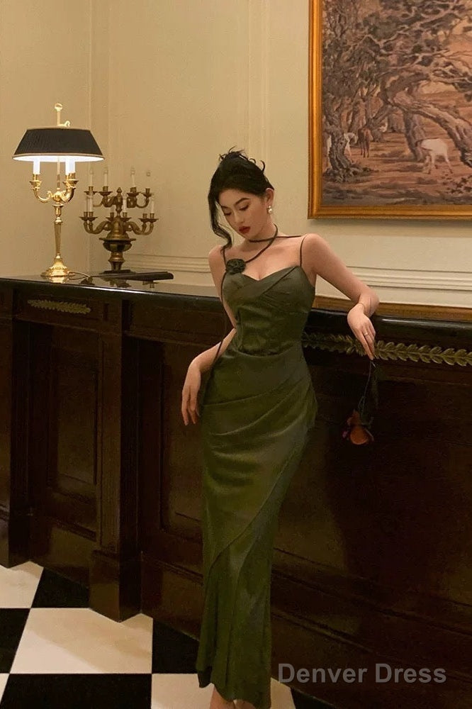 Vintage Sheath Spaghetti Straps Green Satin Long Prom Dresses Prom Gown