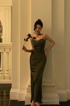 Vintage Sheath Spaghetti Straps Green Satin Long Prom Dresses Prom Gown