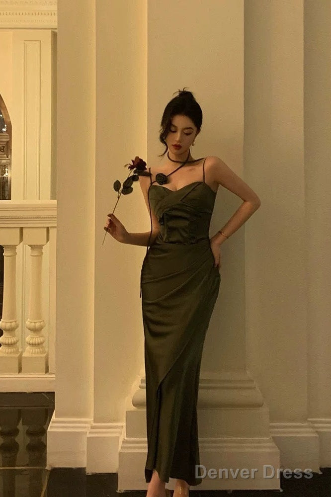 Vintage Sheath Spaghetti Straps Green Satin Long Prom Dresses Prom Gown