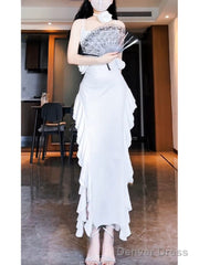 Vintage Sheath Spaghetti Straps White Long Birthday Dresses Prom Dress Birthday Outfits