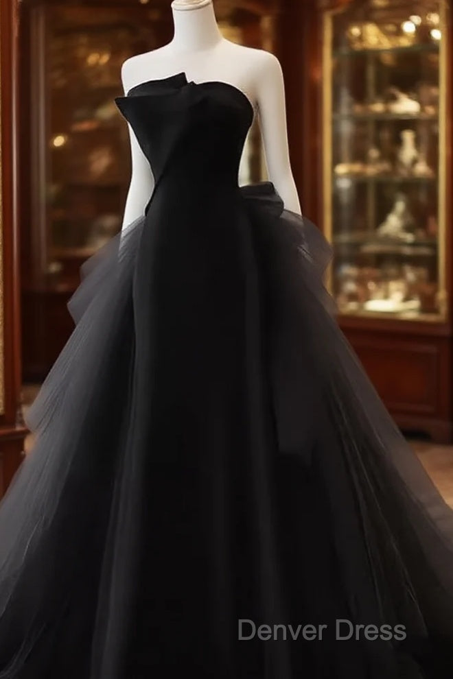 Vintage Sheath Strapless Satin Black Tulle Long Prom Dresses Formal Dresses Main image