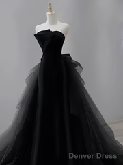 Vintage Sheath Strapless Satin Black Tulle Long Prom Dress Formal Dresses