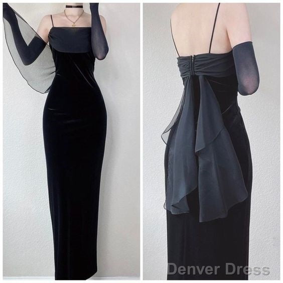 Vintage Sheath Straps Black Velvet Prom Dress