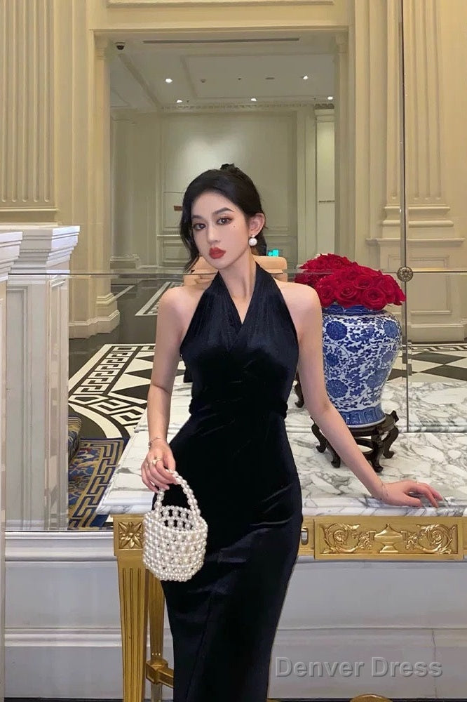 Vintage Sheath V Neckline Black Velvet Long Prom Dresses Prom Gown