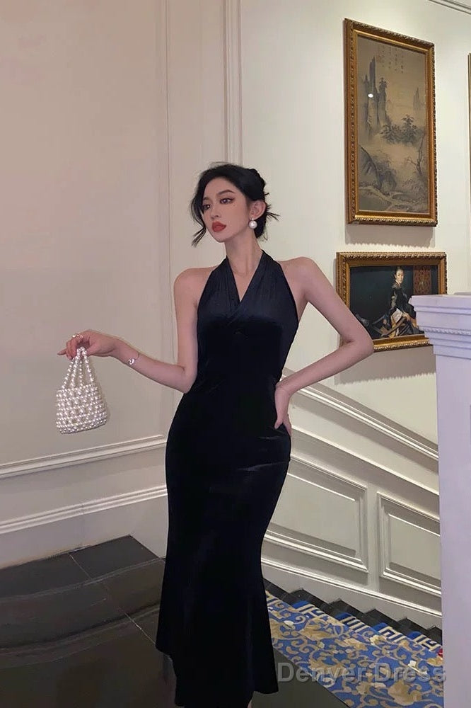Vintage Sheath V Neckline Black Velvet Long Prom Dresses Prom Gown