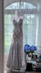 Vintage Silver-Grey Mermaid Backless Beaded Lace Long Prom Dresses Evening Dresses