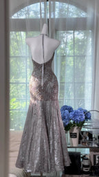 Vintage Silver-Grey Mermaid Backless Beaded Lace Long Prom Dresses Evening Dresses