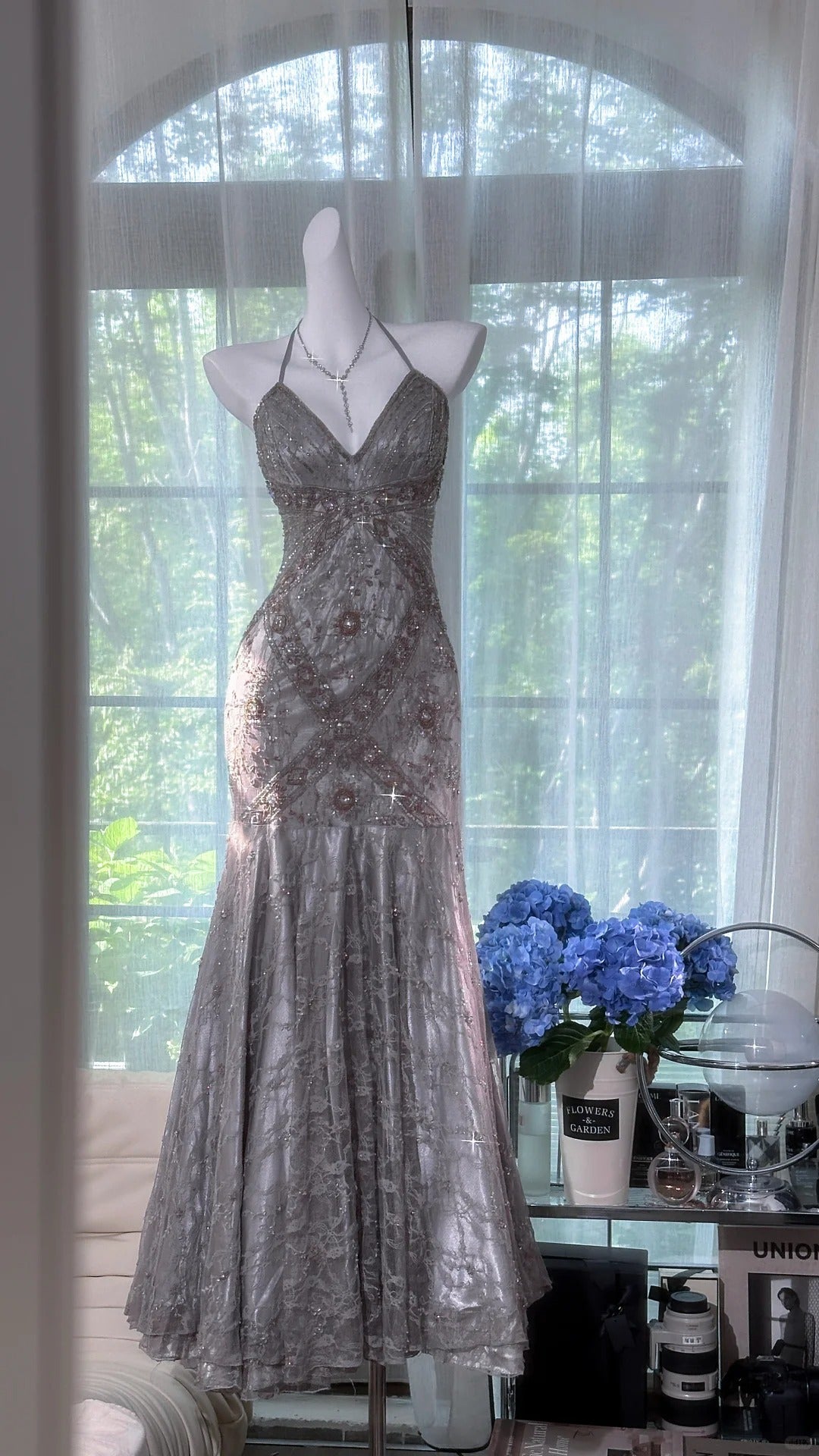 Vintage Silver-Grey Mermaid Backless Beaded Lace Long Prom Dresses Evening Dresses