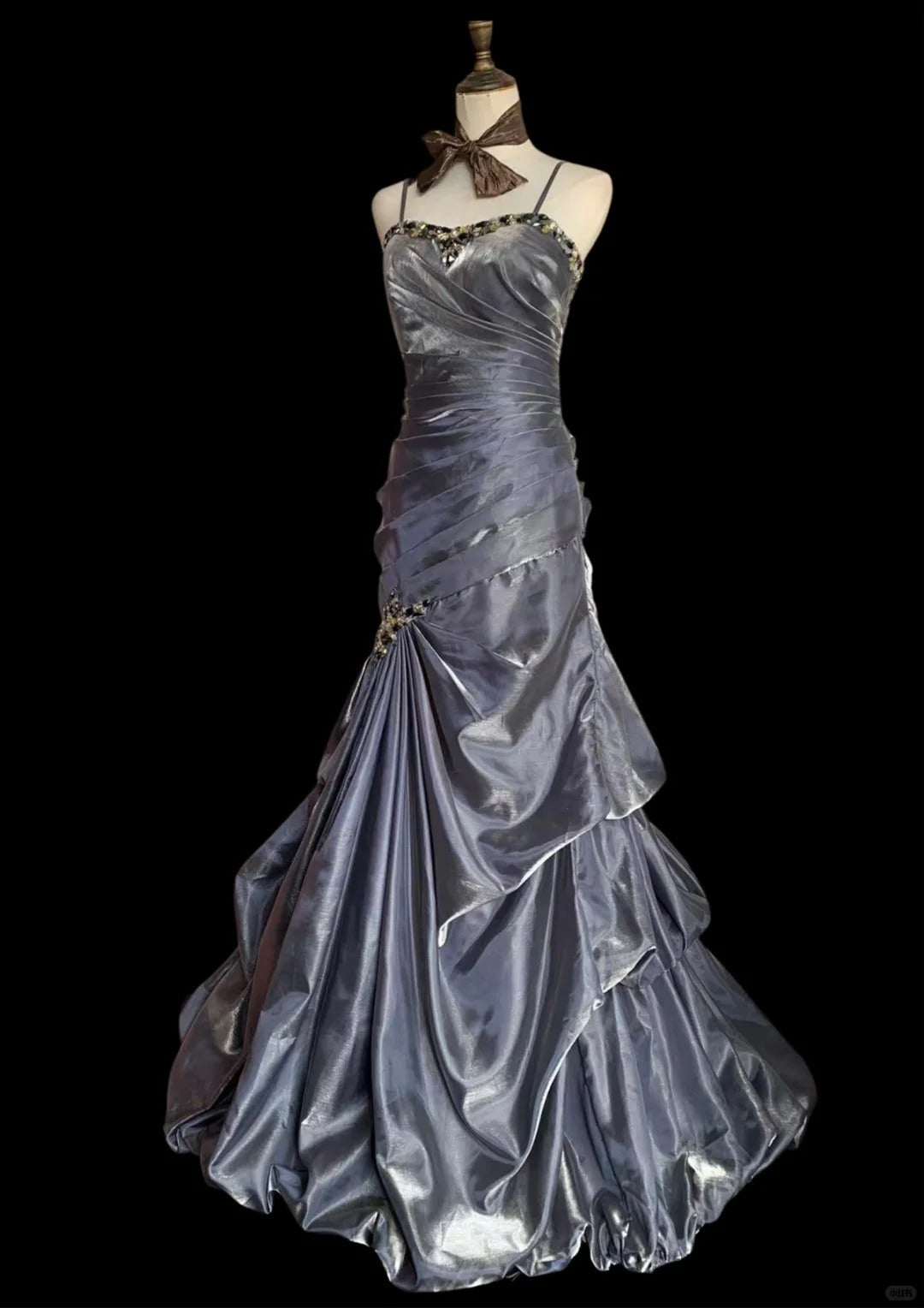 Vintage Grey Mermaid Spaghetti Strap Satin Train Prom Dresses Evening Dresses Secondary image