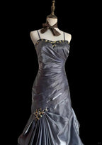 Vintage Grey Mermaid Spaghetti Strap Satin Train Prom Dresses Evening Dresses