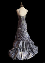 Vintage Grey Mermaid Spaghetti Strap Satin Train Prom Dresses Evening Dresses