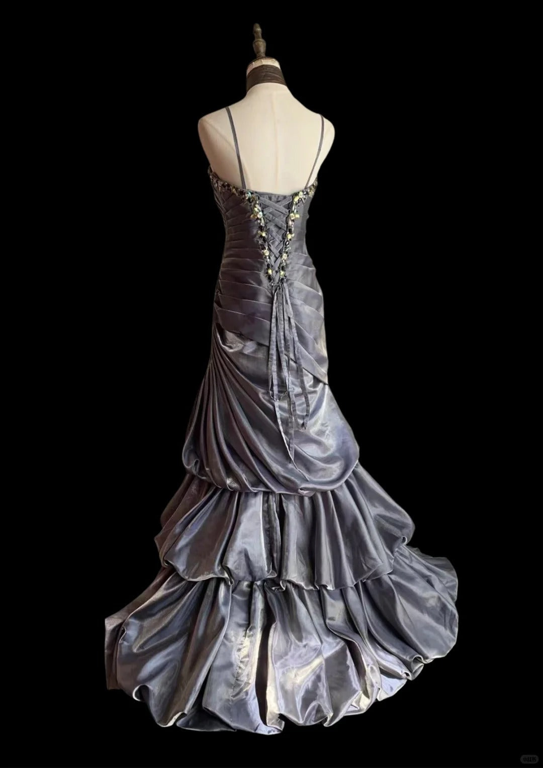Vintage Grey Mermaid Spaghetti Strap Satin Train Prom Dresses Evening Dresses