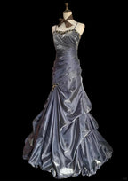 Vintage Grey Mermaid Spaghetti Strap Satin Train Prom Dresses Evening Dresses