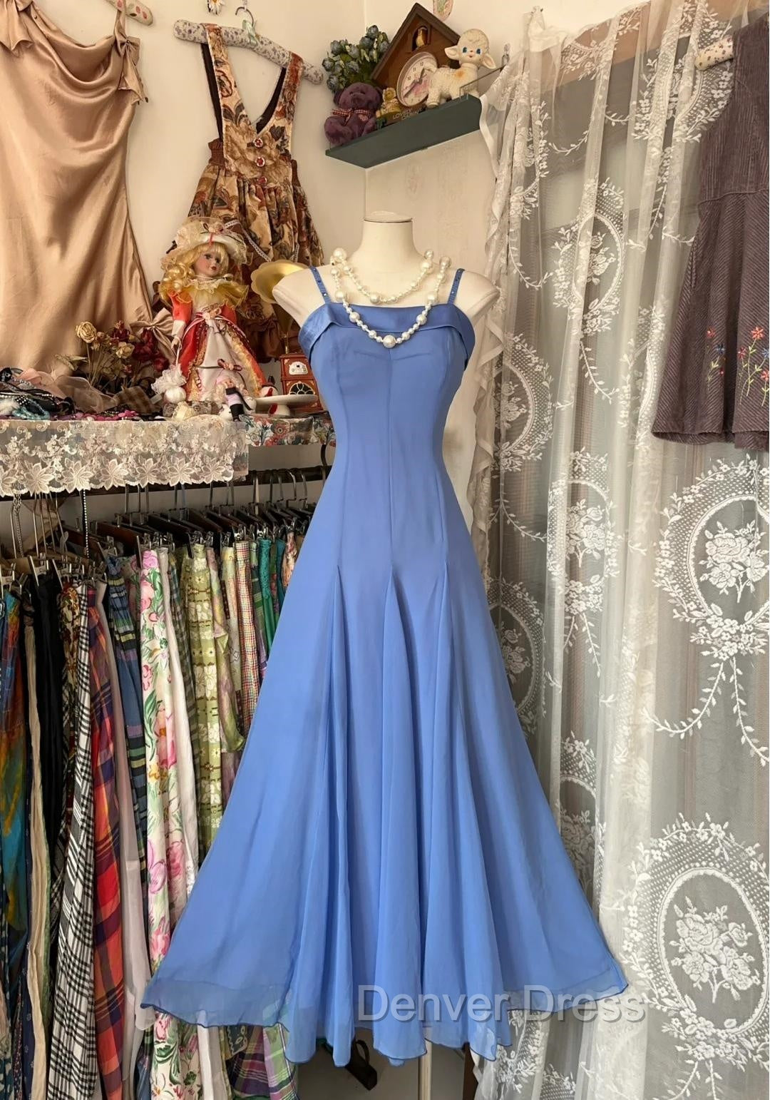 Vintage Soft Blue Spaghetti Strap A Line Chiffon Birthday Prom Dress Pretty Graduation Dresses