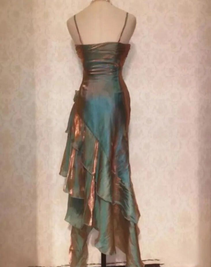 Vintage Spaghetti Straps Asymmetrical Midi Length Prom Dresses