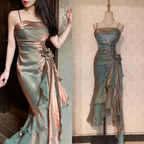Vintage Spaghetti Straps Asymmetrical Midi Length Prom Dresses