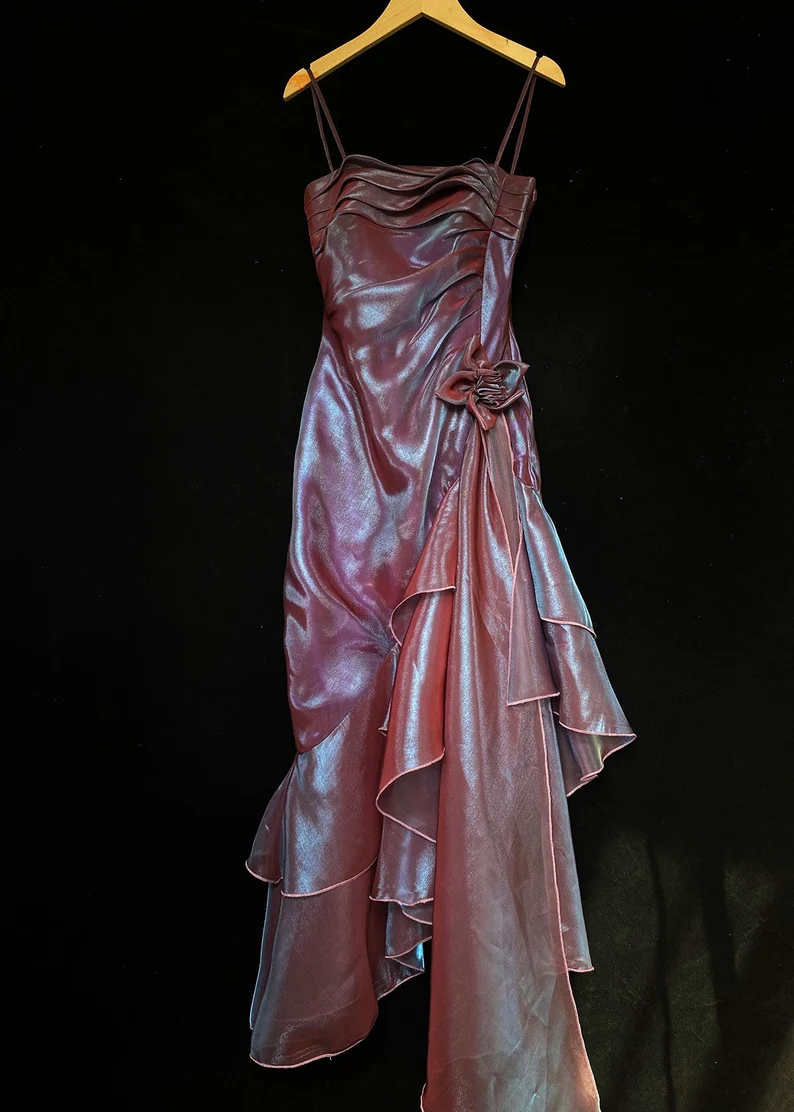 Vintage Spaghetti Straps Asymmetrical Midi Length Prom Dresses