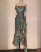 Vintage Spaghetti Straps Asymmetrical Midi Length Prom Dresses
