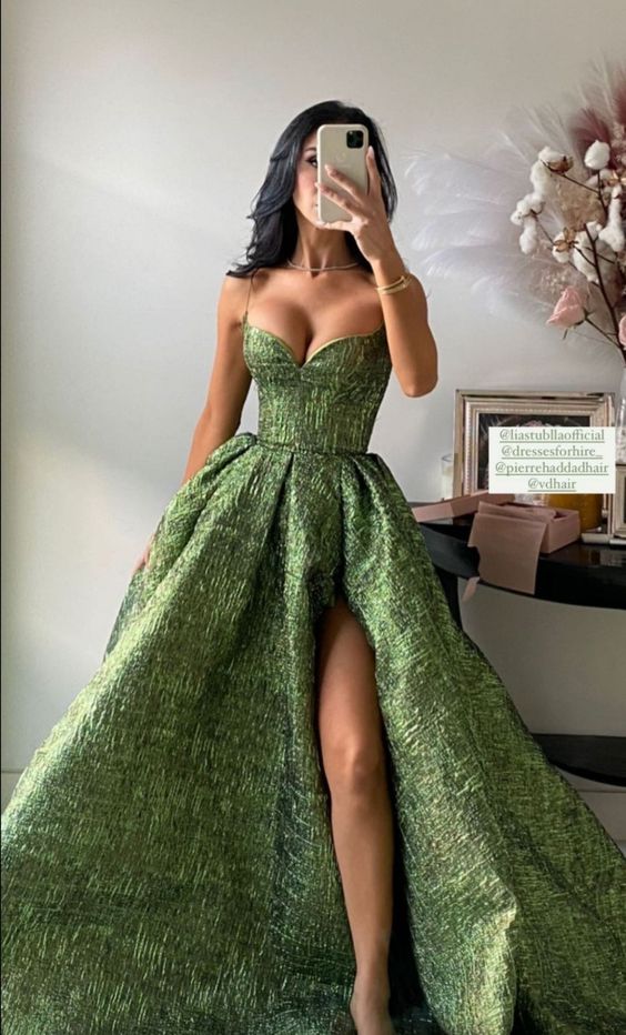Vintage Spaghetti Straps Green Prom Dress Long Prom Dresses