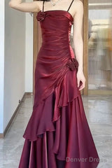 Vintage Square Neckline Wine Red Party Dress, Wine Red Spaghetti Straps Prom Dress