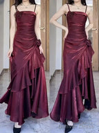 Vintage Square Neckline Wine Red Prom Dress, Wine Red Spaghetti Straps Prom Dresses