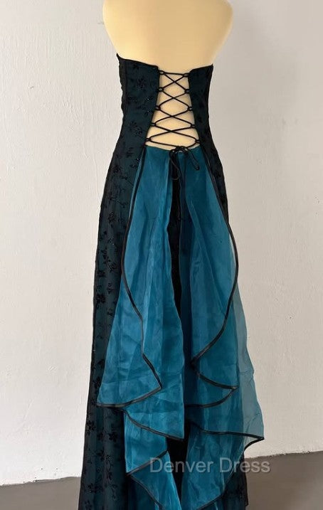 Vintage Strapless Blue Satin Sleeveless Black Tulle Beaded Ball Dresses Birthday Evening Dresses