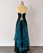 Vintage Strapless Blue Satin Sleeveless Black Tulle Beaded Ball Dress Birthday Prom Dresses