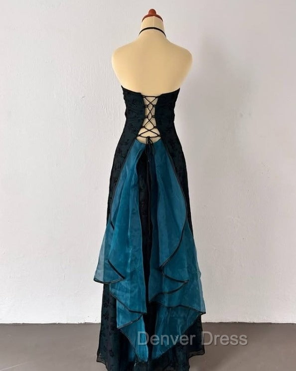 Vintage Strapless Blue Satin Sleeveless Black Tulle Beaded Ball Dress Birthday Prom Dresses