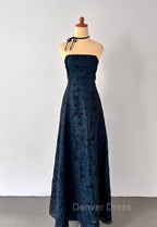 Vintage Strapless Blue Satin Sleeveless Black Tulle Beaded Ball Dress Birthday Prom Dresses